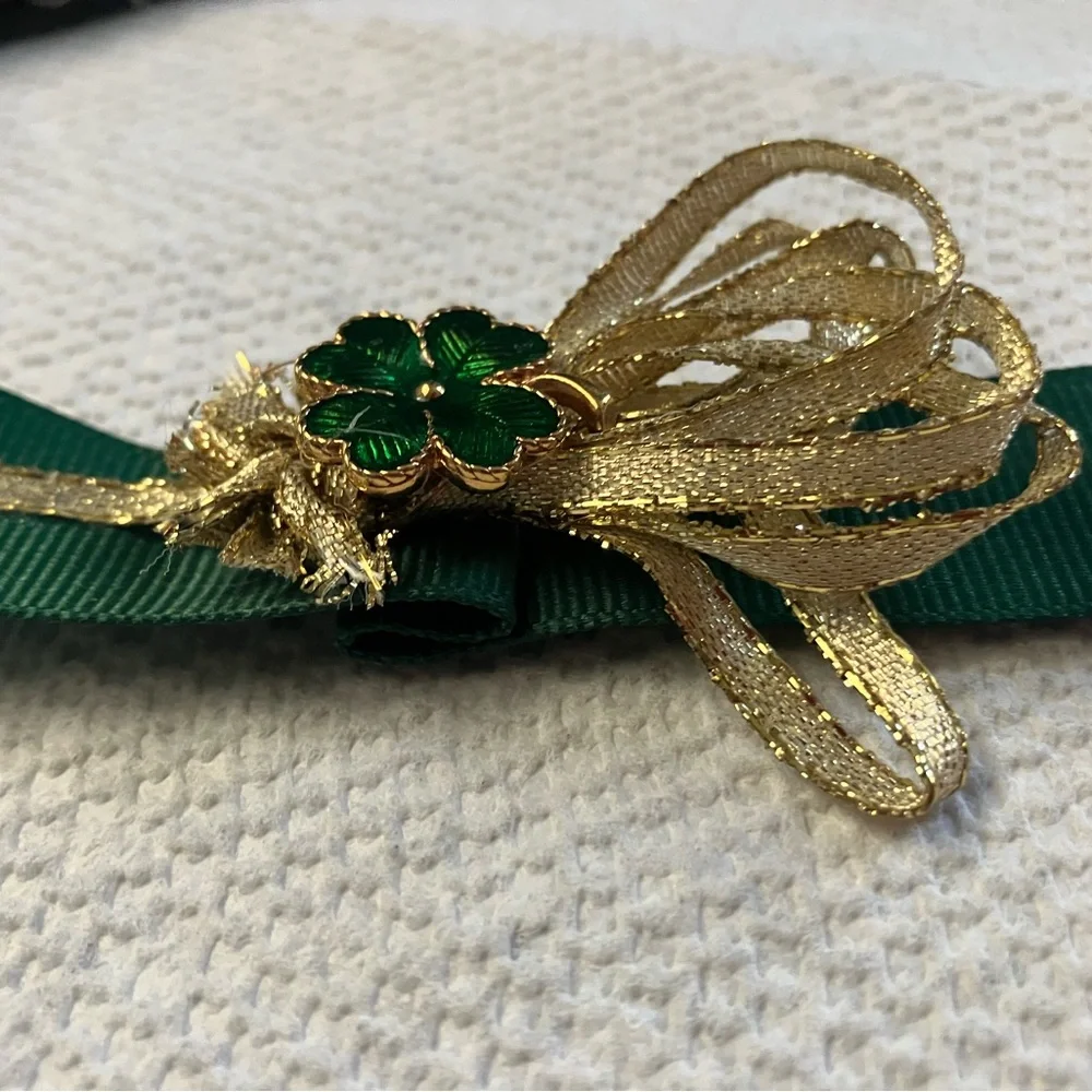 Handmade Green Ribbon Bookmark Gold Glitter & Rhinestone Kisses 16” Irish